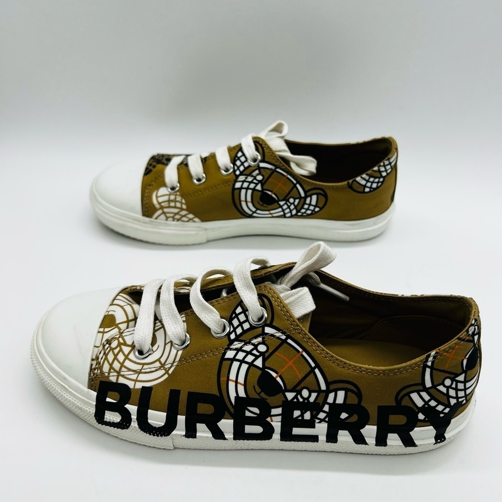 Burberry Tan and White Logo Thomas Bear Print Sneakers Kids Size 35